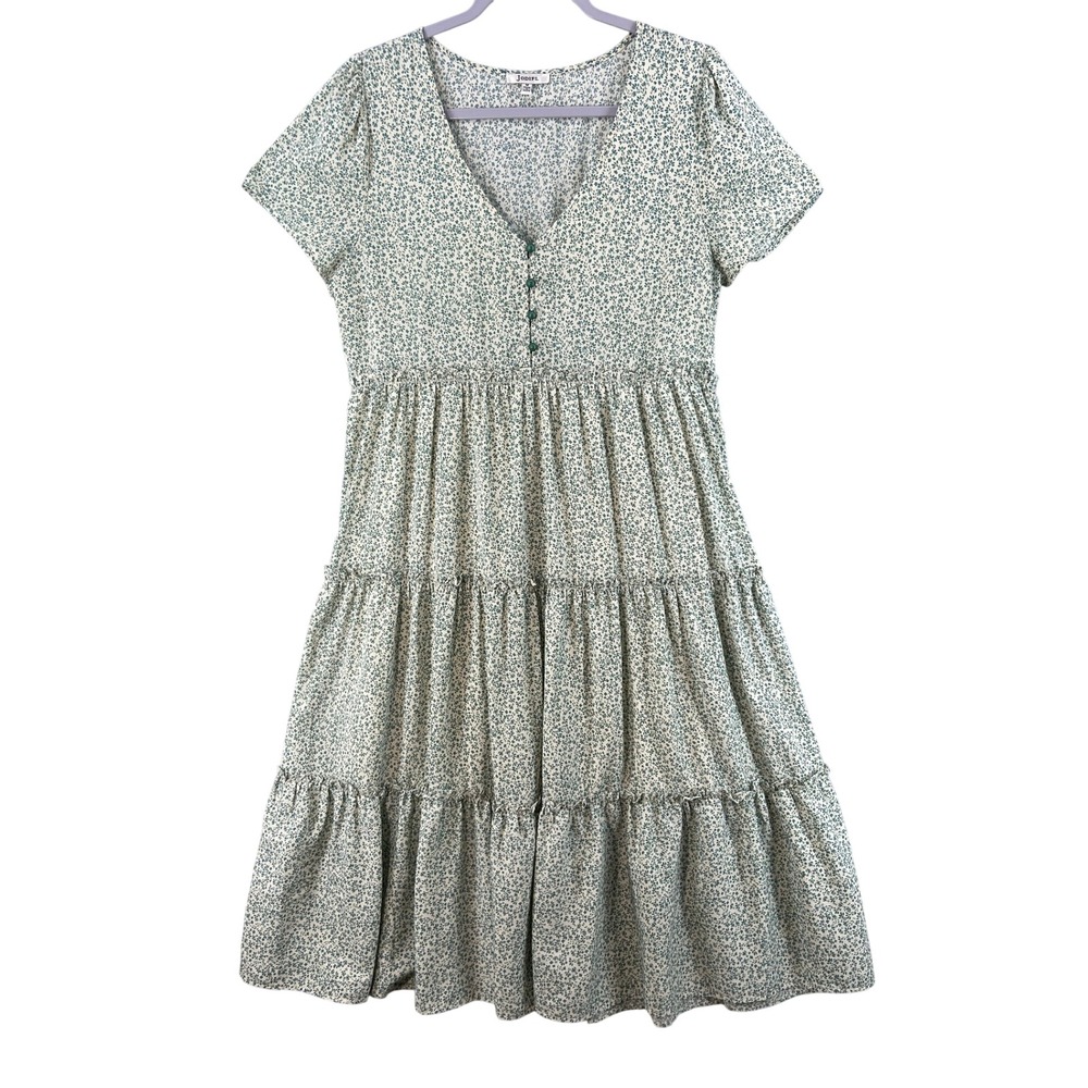 Jodifl‎ Dress Sz M Tiered Babydoll Green White Floral V-Neck Prairie Cottagecore